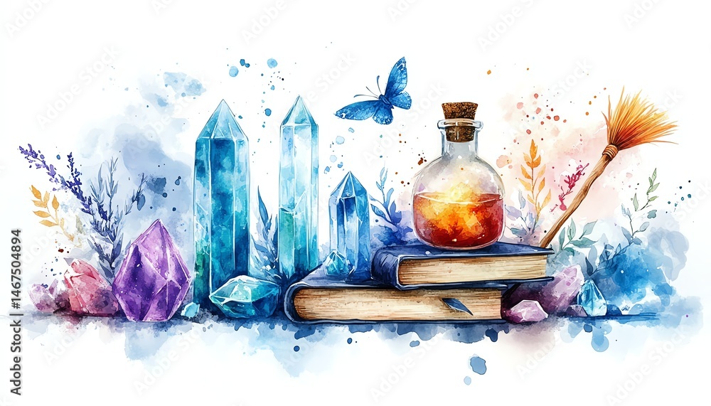 Magical watercolor crystals, potion, and books.
