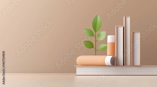 climate change global warming policy concept. Books and plant on a minimalist surface against a neutral background.