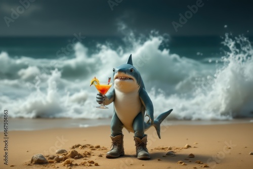 Shark enjoying a cocktail on a beach