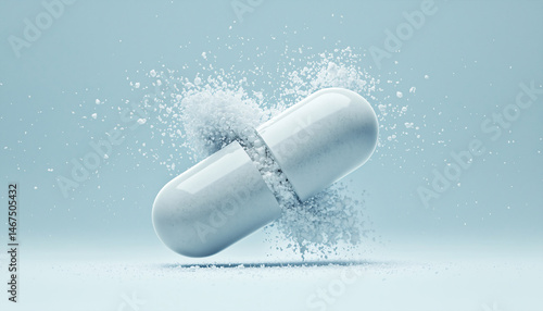 Conceptual 3D illustration of a giant white pill bursting open, with small particles in motion against a soft light blue background
