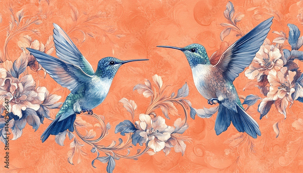 Two hummingbirds in flight, floral background.