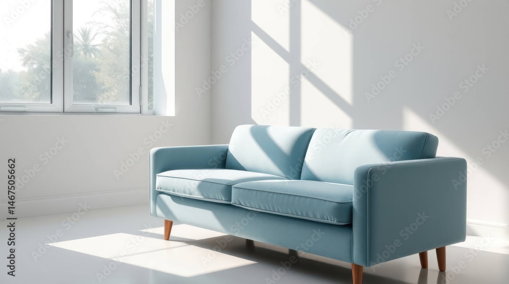 Serene turquoise couch basks in sunlit room Serene turquoise couch basks in sunlit room