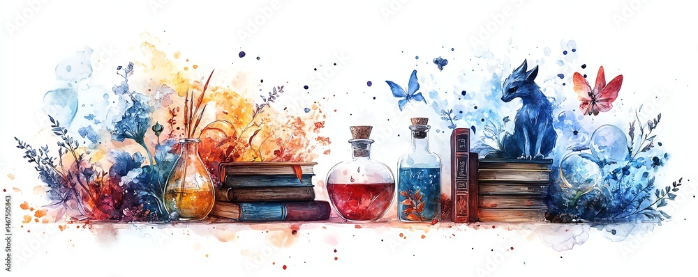Watercolor fantasy scene with books, potions, and animals.