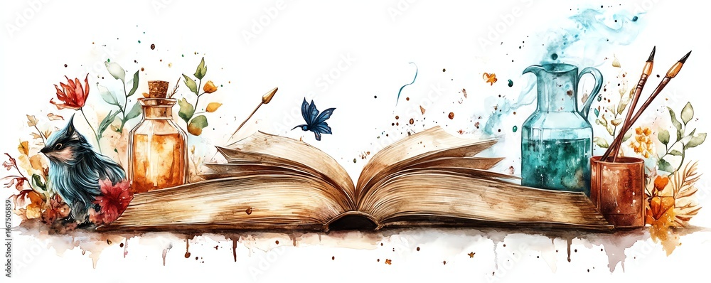 Open book, potion bottle, watercolor art