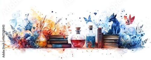Watercolor fantasy scene with books, potions, and animals.