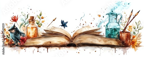 Obraz na płótnie Open book, potion bottle, watercolor art w salonie