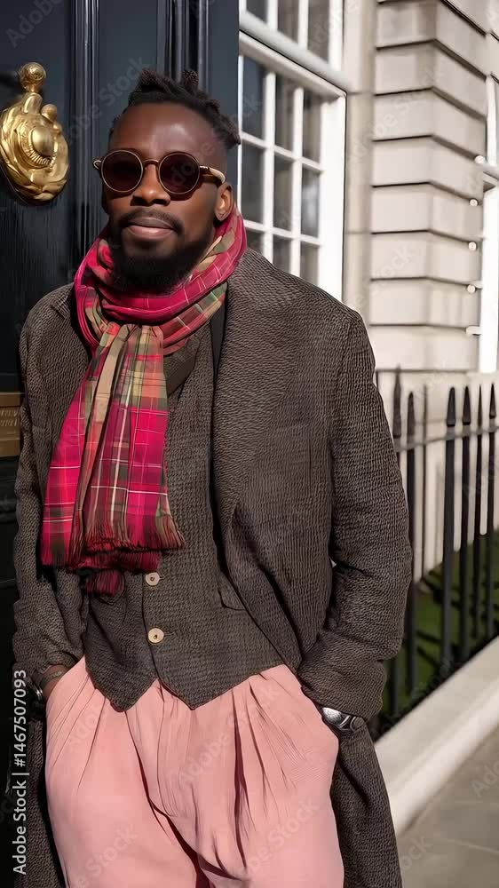 A man wearing a plaid scarf and a brown coat. He is smiling A man wearing a plaid scarf and a brown coat. He is smiling