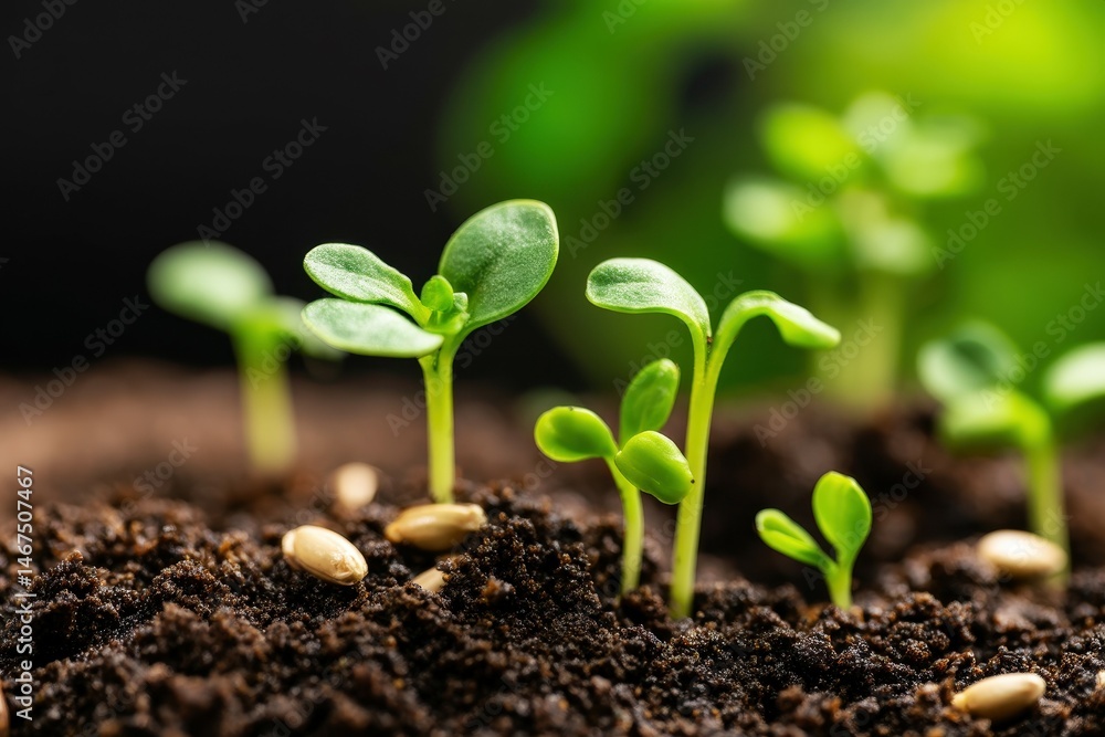 Fototapeta premium Rewilding nature concept. Young green seedlings sprouting from rich soil with seeds visible, symbolizing growth and new beginnings in nature.
