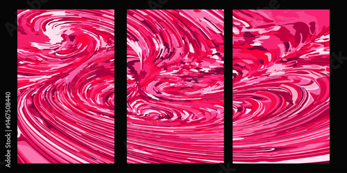 Vibrant Abstract Pink Swirl Artwork Displayed in Triptych Panels Format