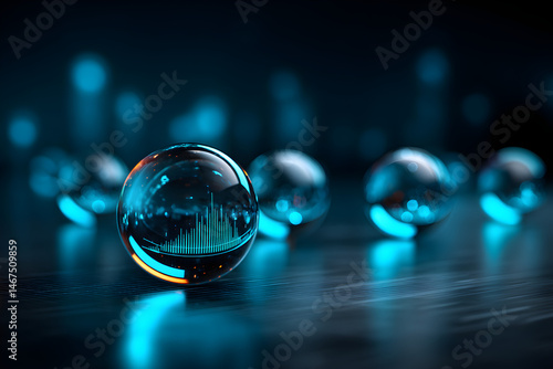 Floating KPI orbs showing profitability, retention, and growth metrics, controlled by AI algorithms, blue neon futuristic data universe