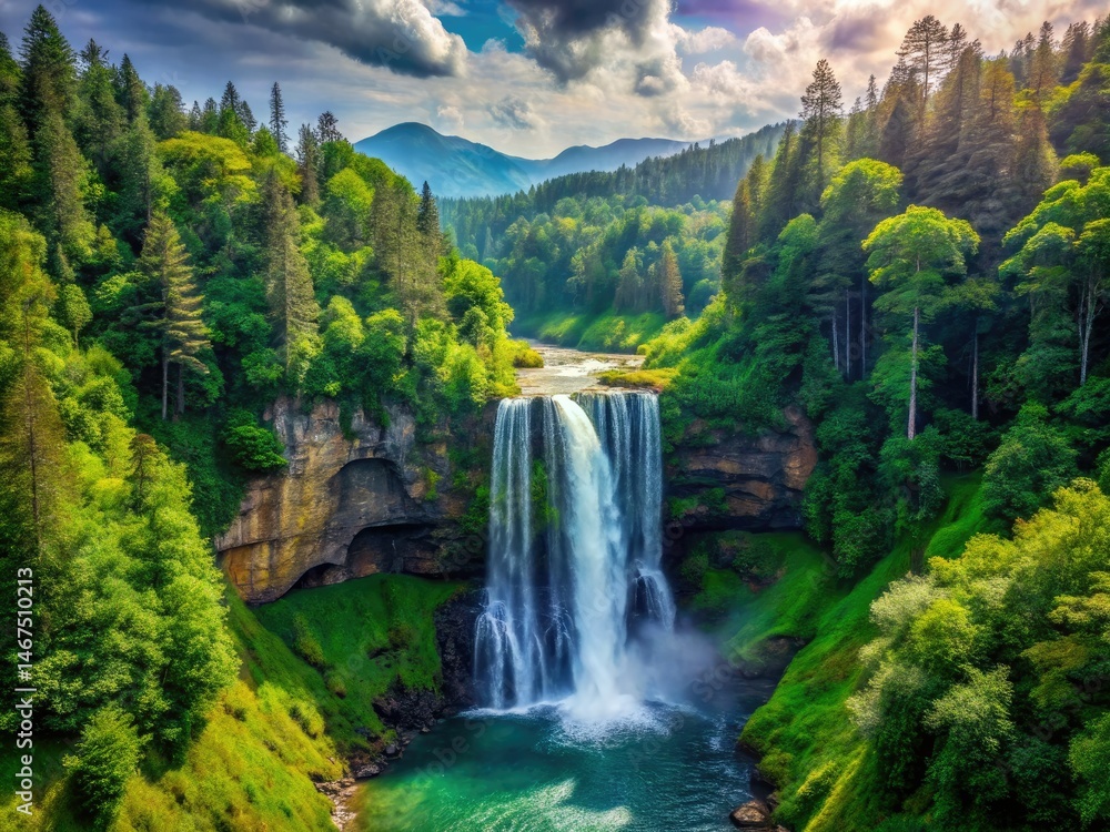 Fototapeta premium Majestic Mountain Waterfall, Vintage Photography, Lush Forest, Nature Scenery, Waterfall Landscape, Beautiful Waterfall, High Resolution