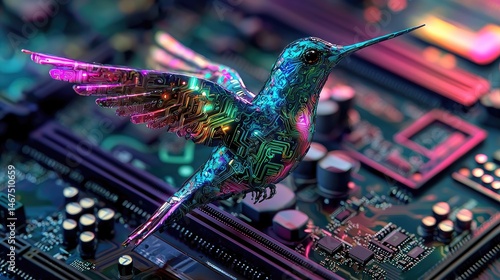Futuristic hummingbird design on electronic circuit board.