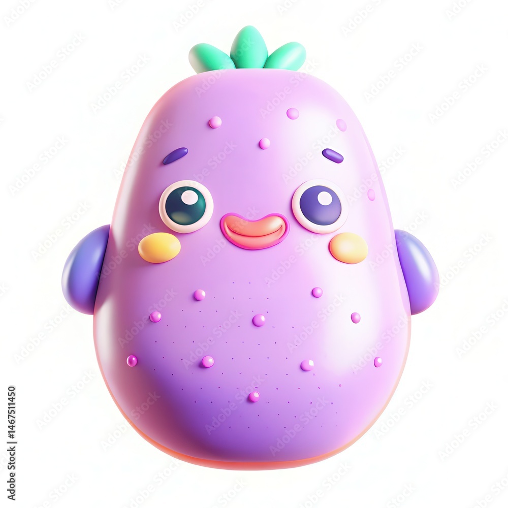 A cute cartoonish purple vegetable character with a smiling face and green foliage on top, featuring large eyes and rosy cheeks. A cute cartoonish purple vegetable character with a smiling face and green foliage on top, featuring large eyes and rosy cheeks.