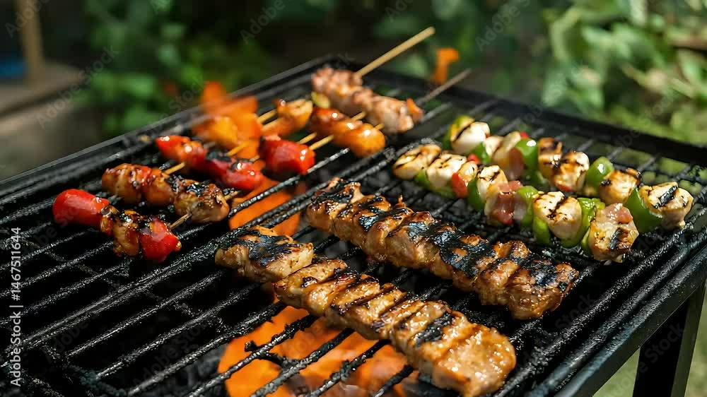 Grilling skewers of food on a barbecue