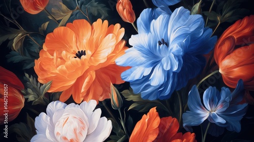 Wallpaper Mural Vibrant floral arrangement featuring orange, blue, and white flowers against a dark background Torontodigital.ca