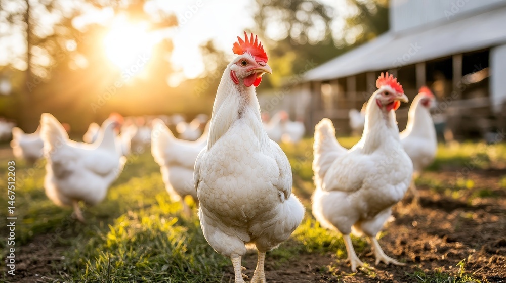 Fototapeta premium Chicken farming for meat production is carried out on a poultry farm where chickens are raised in indoor housing and provided with feed as part of the husbandry and housing business