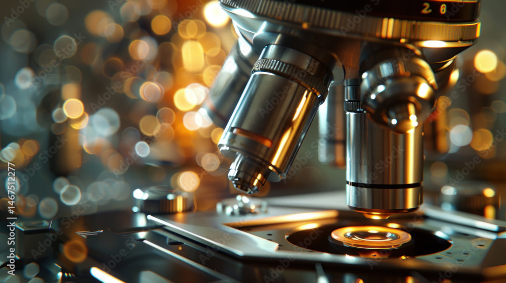 Close-up view of a microscope showcasing intricate details and vibrant lighting in a laboratory setting Close-up view of a microscope showcasing intricate details and vibrant lighting in a laboratory setting