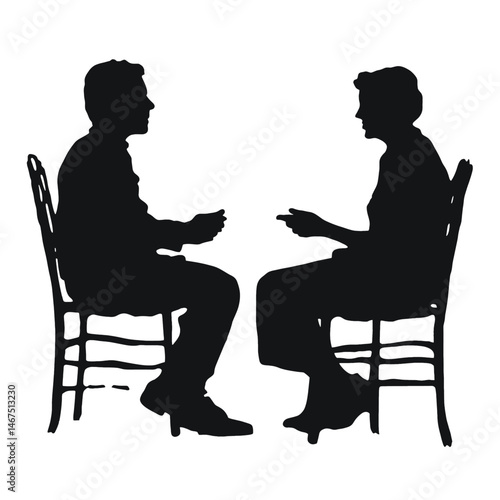 Silhouette Conversation: A Black and White Artistic Depiction of Two Individuals Engaged in Dialogue, Seated on Chairs
