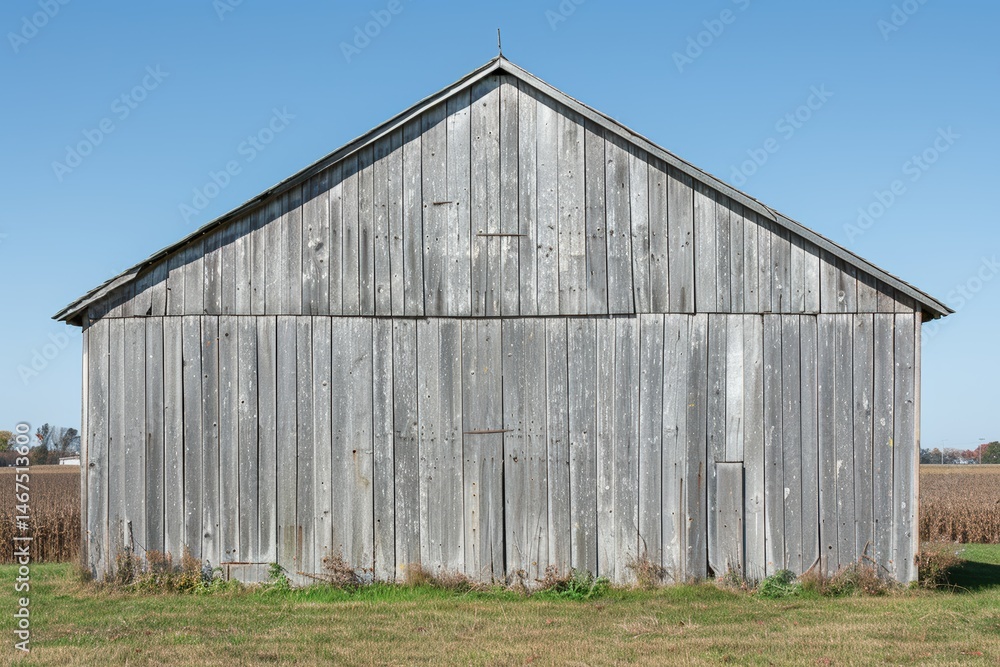 Fototapeta premium Weathered wooden barn against a clear blue sky.