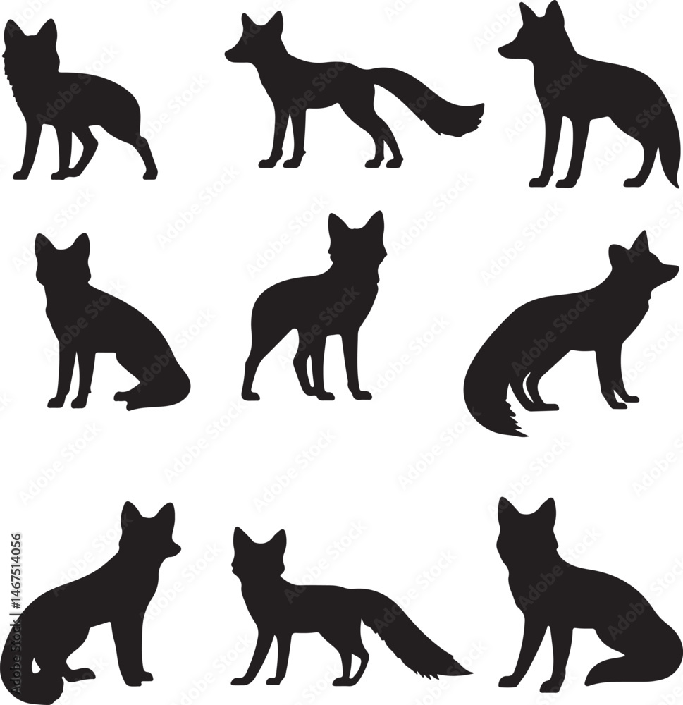 Fox Silhouette Set: Vector Illustrations in Black, Wildlife Art Fox Silhouette Set: Vector Illustrations in Black, Wildlife Art