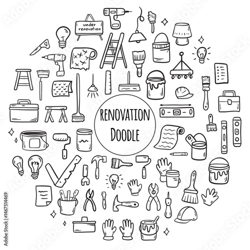 Hand drawn doodle Construction tools set. Illustration of building and renovation. House repair concept collection