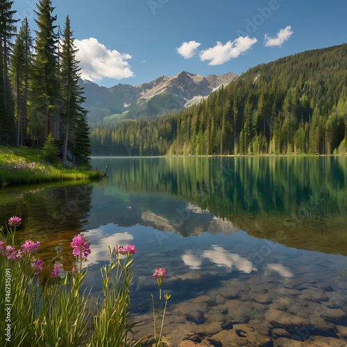 Mountain Lake in Summer Morning