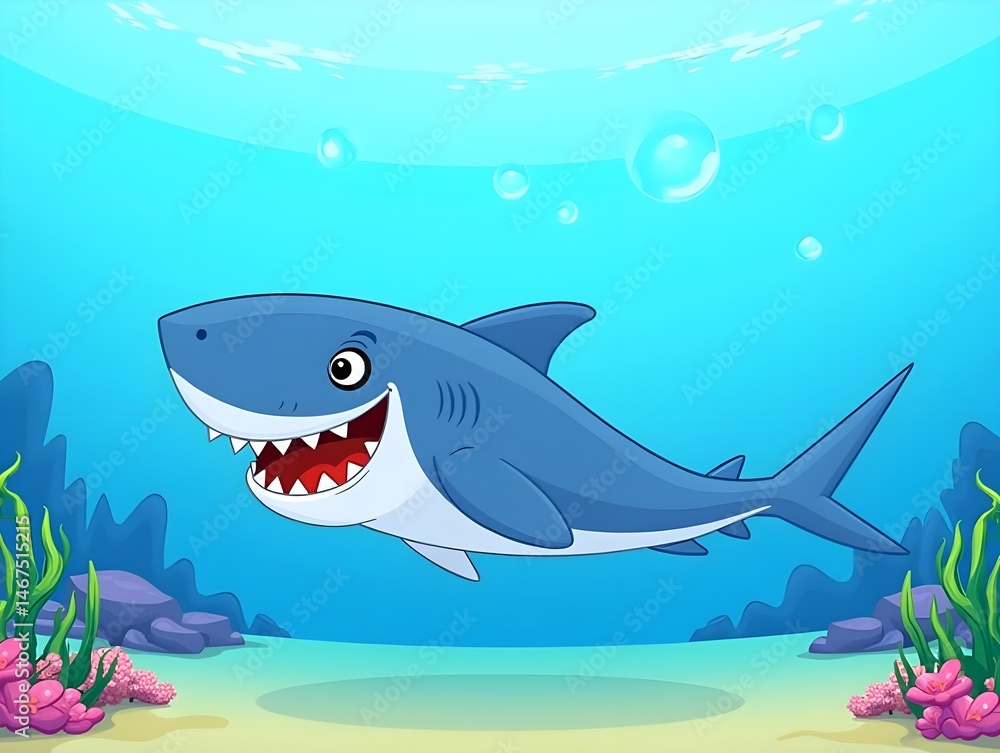Fototapeta premium Shark Cartoon Playful Character Swimming Sea Life Design