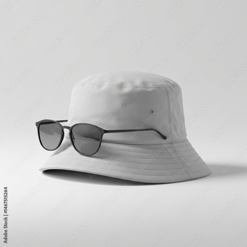 Fototapeta premium White Bucket Hat with Sunglasses Mockup