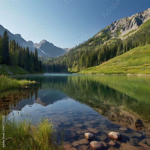 Mountain Lake in Summer Morning