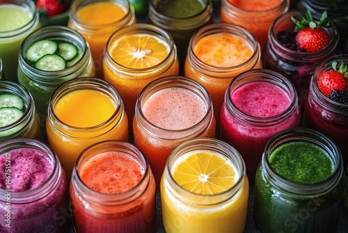 Obraz na płótnie Assorted fresh pressed fruit juices served in transparent plastic bottles arranged in circle pattern on wooden table photographed from above in daylight showcasing natural vitamin rich hydration,
w salonie