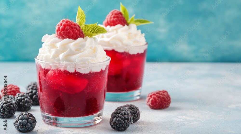 Two Layered Jelly Parfaits Topped with Fresh Raspberries and Mint Leaves on a Light Blue Background Two Layered Jelly Parfaits Topped with Fresh Raspberries and Mint Leaves on a Light Blue Background