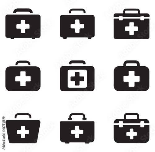 Set of black first aid kit icons with a medical cross symbol on each.