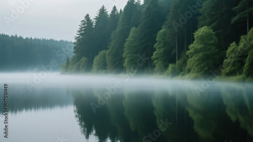 A clear and simple name for the image could be:
Foggy morning over a calm lake and river with misty forest and mountain view