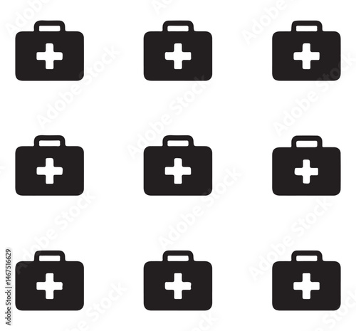 Set of black first aid kit icons with a medical cross symbol on each.