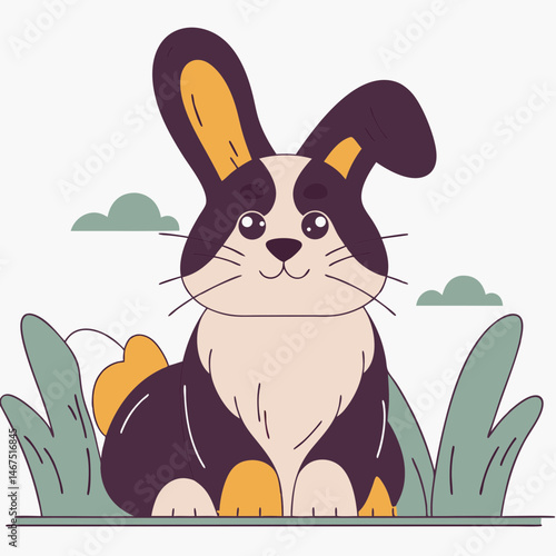 Colorful garden scene with a cute cartoon bunny character whimsical vibes