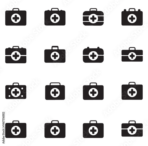 Set of black first aid kit icons with a medical cross symbol on each.