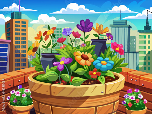 vector of Colorful flowers in a wooden pot on the roof, urban gardening for urban living blogs