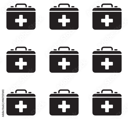 Set of black first aid kit icons with a medical cross symbol on each.