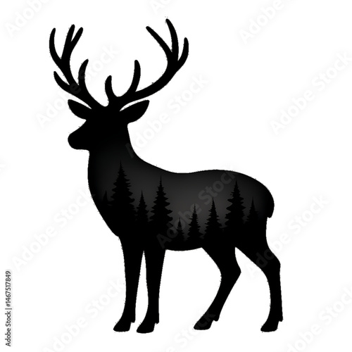 silhouette of a majestic deer with forest trees double exposure style black and grey nature art minimal animal design for tattoos prints or wall decor
