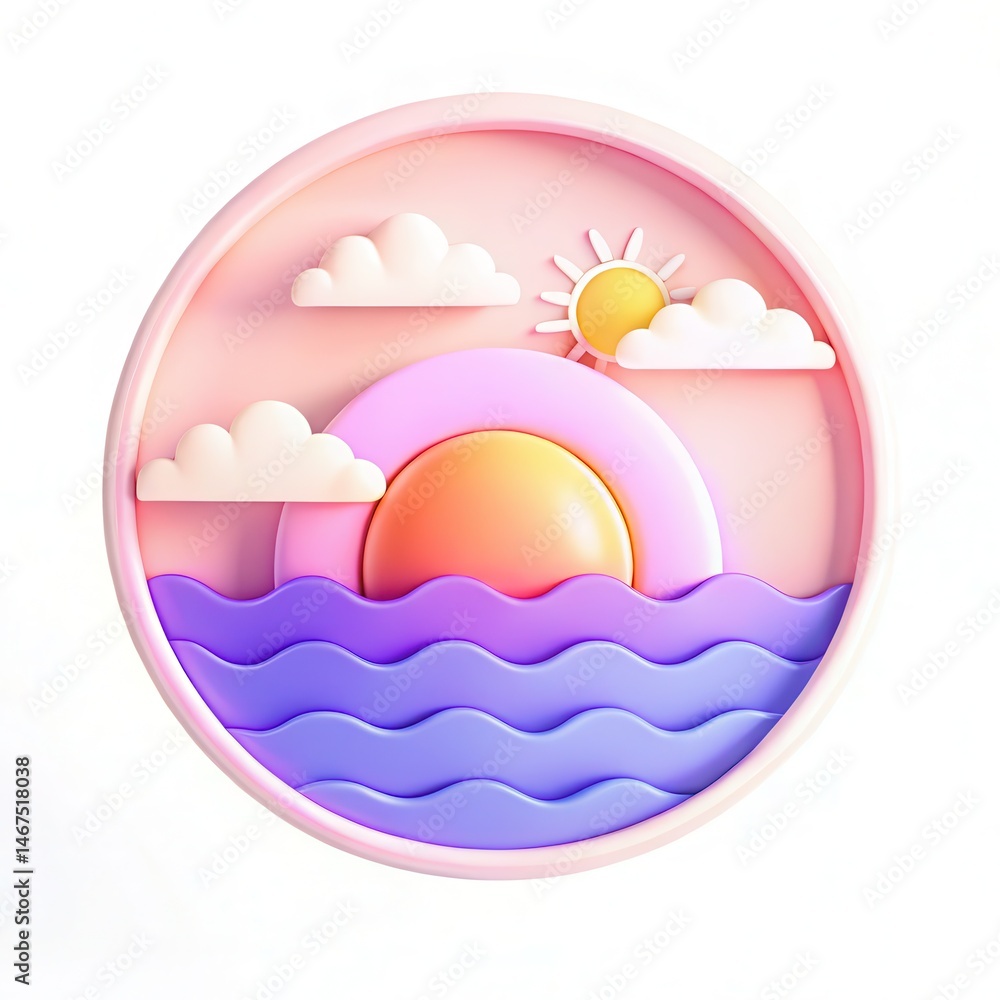 A stylized sunset with pastel colors featuring a sun, clouds, and waves in a circular design. A stylized sunset with pastel colors featuring a sun, clouds, and waves in a circular design.