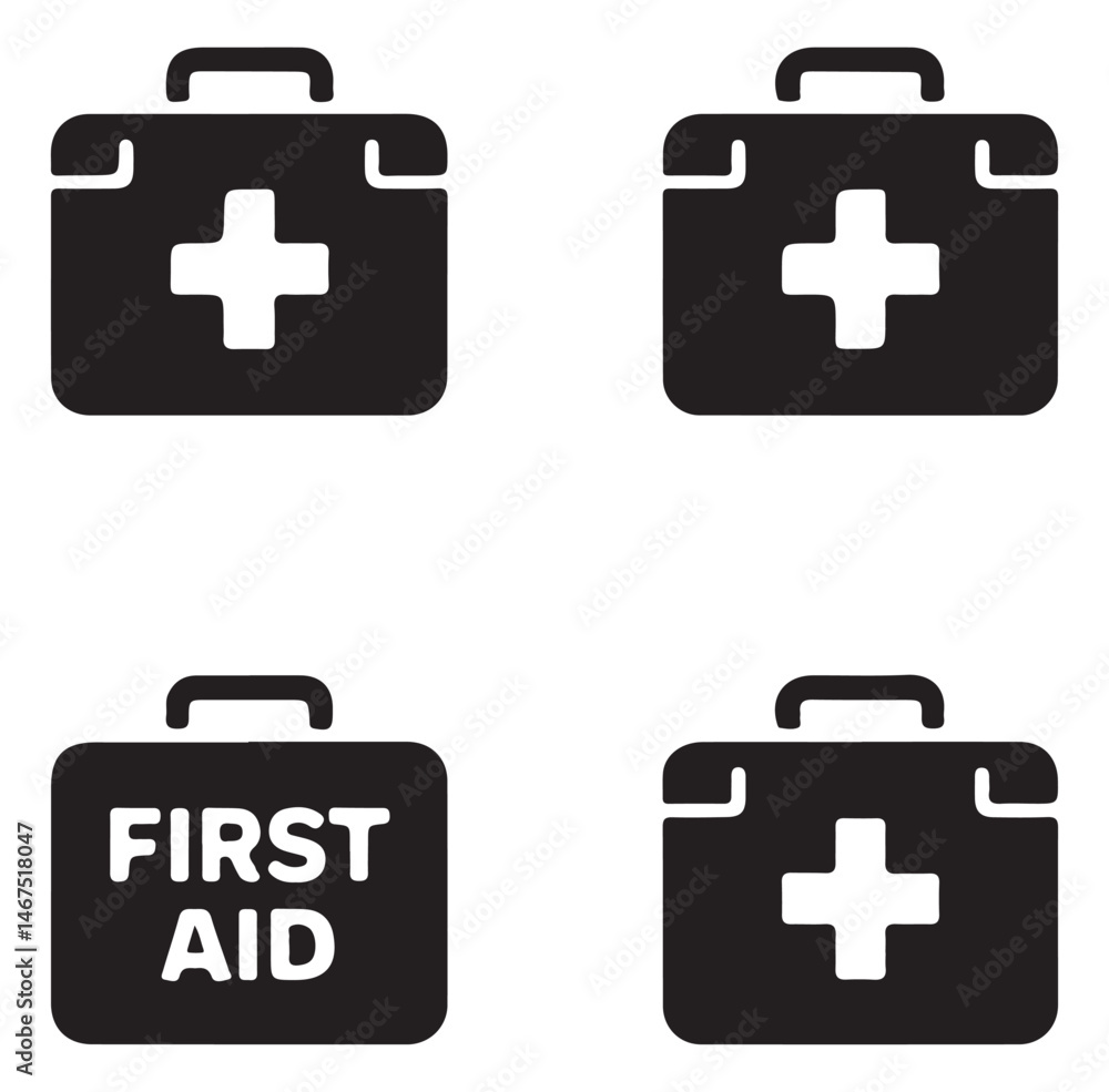Fototapeta premium Set of black first aid kit icons with a medical cross symbol on each.