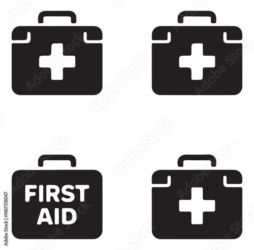 Set of black first aid kit icons with a medical cross symbol on each.
