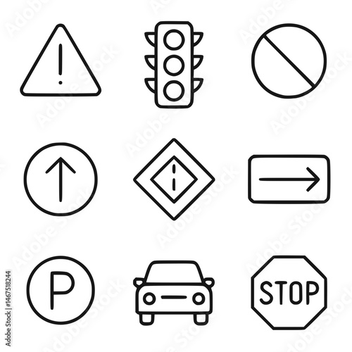 Traffic and Road Icons Set – Stop Sign, Crosswalk, Traffic Light, and More