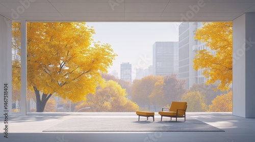 Autumnal vista through minimalist aperture showcasing urban landscape with radiant foliage and tranquil seating creating serene indoor ambiance