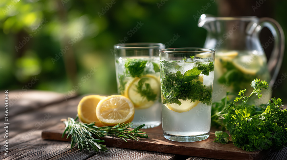 Fototapeta premium Refreshing lemon and mint infused water served outdoors on wood table