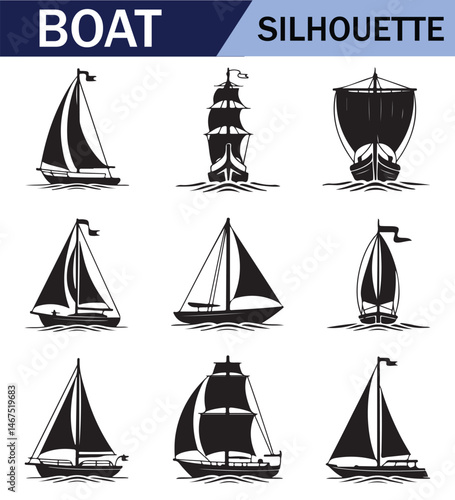 Various black  sailboat silhouettes set on a white background, featuring different sailing positions and boat styles.