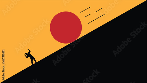 Red Boulder Ball Rolling Down towards Business Man Minimalist. Overcoming problems and obstacles at work vector art