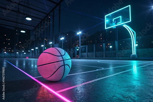 Neon basketball glows on futuristic court - generated by ai