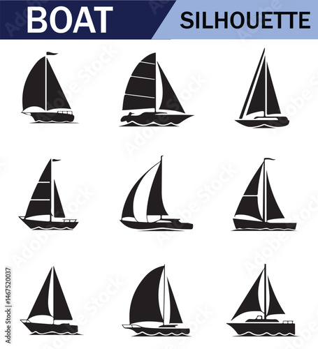 Various black  sailboat silhouettes set on a white background, featuring different sailing positions and boat styles.