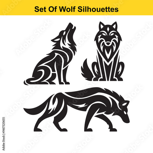 Tribal Wolf Tattoo Vector – Howling, Sitting, and Head Silhouette Design. wolf, tribal, tattoo, vector, silhouette, animal